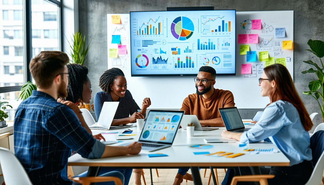 A sleek modern office setting featuring a diverse team of professionals engaged in a brainstorming session around a large table On the table laptops and digital tablets display graphs and data related to AI technology A large screen on the wall shows