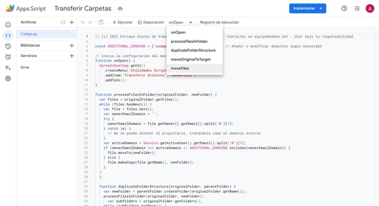 IMG: Codigo dentro de App Scripts con el desplegable seleccionando moveFiles
