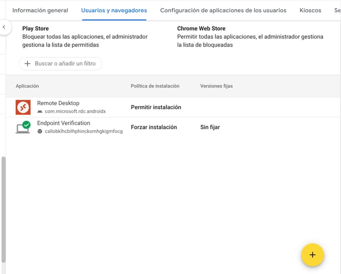 Configuración de la consola donde se ve la lista de extensiones permitidas o bloqueadas