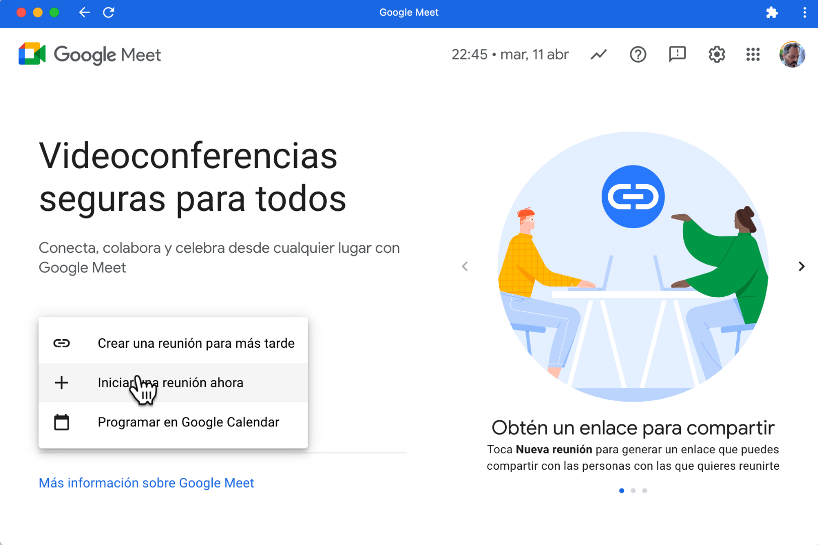 crear reunion google meet para mas tarde