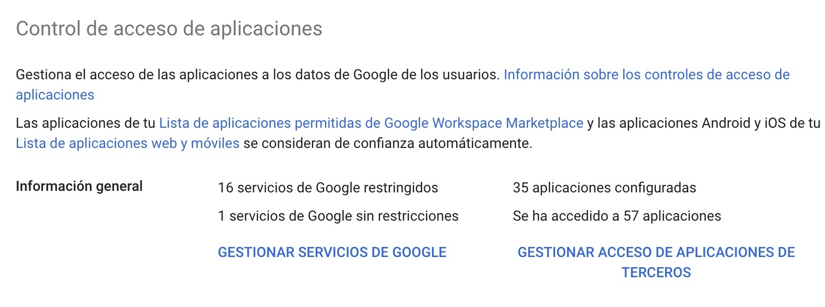 seguridad en google: Controles de acceso y uso de API en Google Workspace