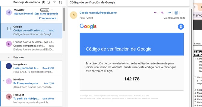 Correo con el código de verificación para acceder a Drive sin cuenta de Google ni Gmail