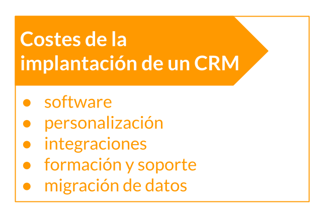 Tabla que muestra los costes de los servicios asociados a la implantación de un sistema CRM en una empresa, incluyendo aspectos de ventas, marketing y servicio al cliente