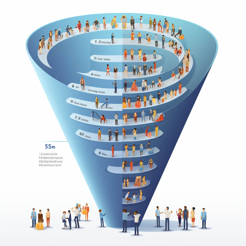 Embudo mostrando un gran número de usuarios entrando por la parte superior y una cantidad significativa convirtiéndose en la parte inferior