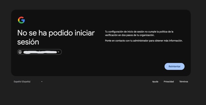 Error no se ha podido iniciar sesion porque la verificacion en dos pasos no está configurada
