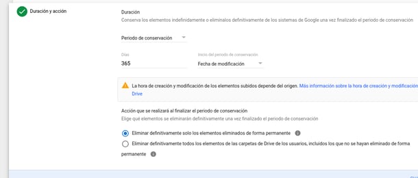 Ejemplo de retención de Google Vault que borra los datos eliminados después de 1 año