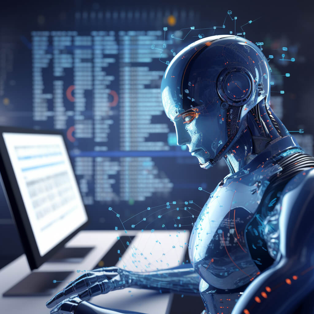 Robot futurista de IA interactuando con herramientas de marketing digital, simbolizando la integración de la Inteligencia Artificial en el Inbound Marketing