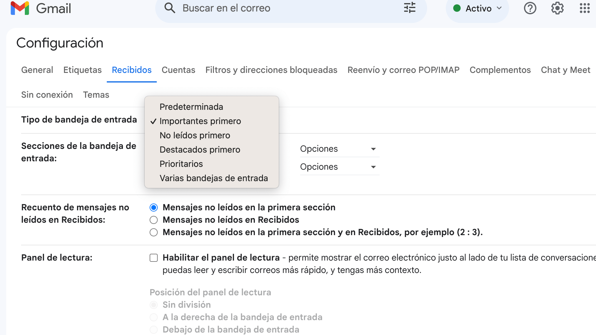 como elegir la forma de organizar el correo en gmail