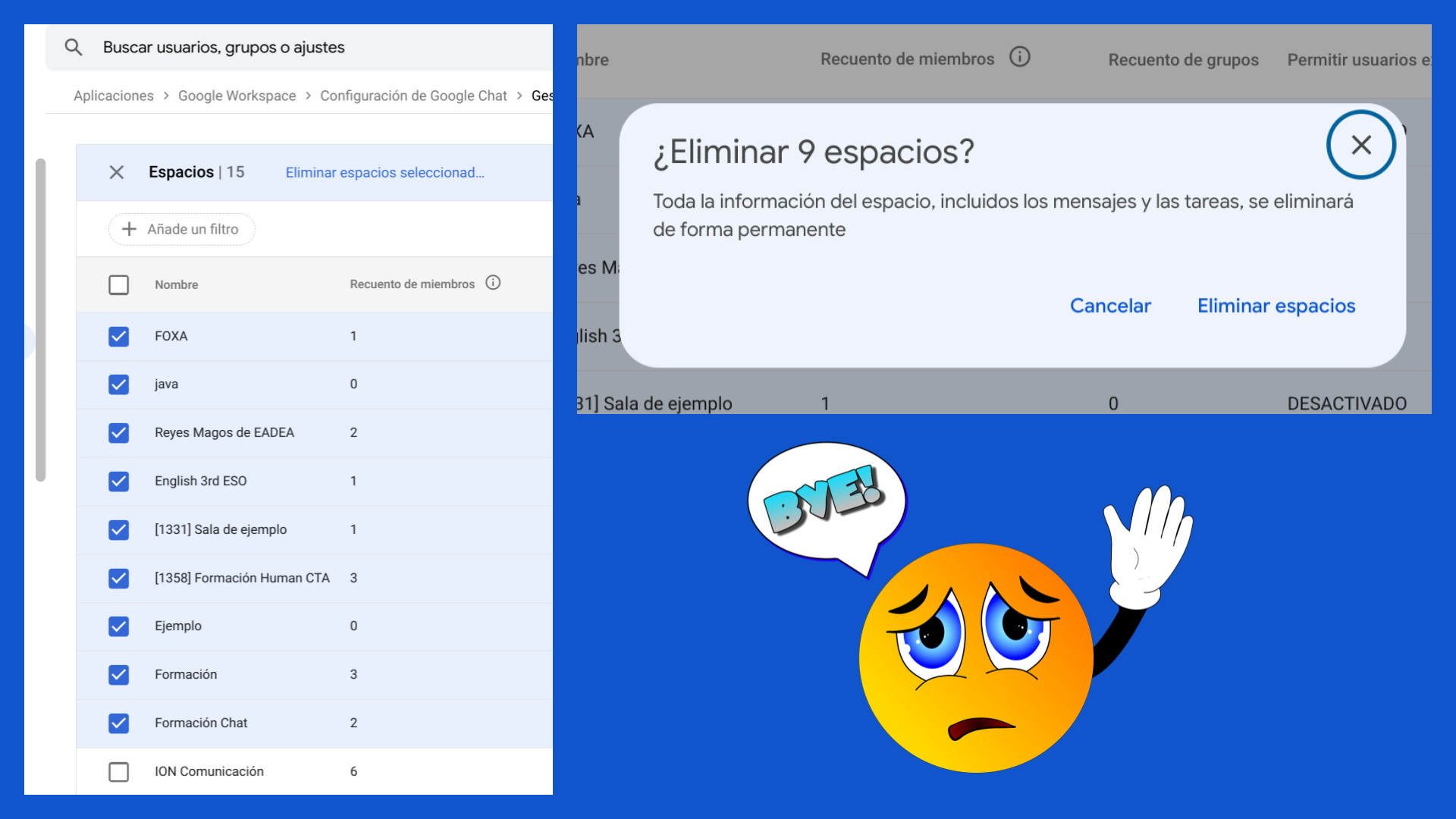 eliminar espacios de chat de google