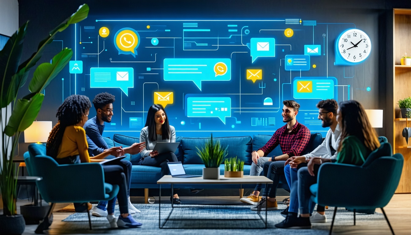 A modern and sleek office setting featuring a diverse group of professionals engaged in a discussion around a large digital screen displaying an AI ch