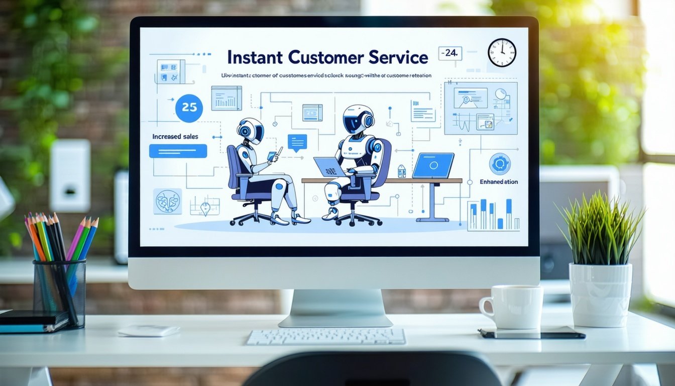 A modern digital workspace showcasing an AI agent in action, with a sleek computer screen displaying a video demo featuring an animated AI assistant i