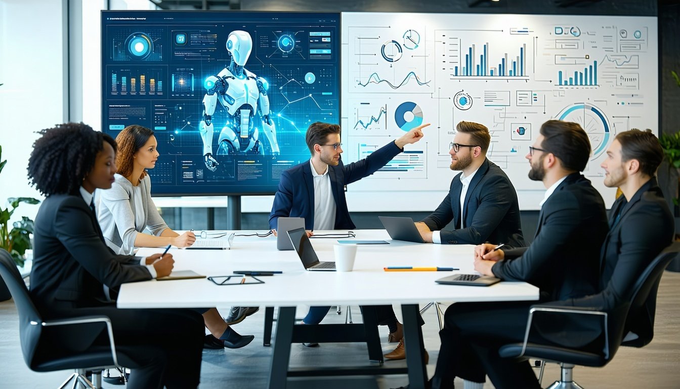 A sleek, modern office setting with a diverse team of professionals gathered around a large conference table, engaged in a discussion. A large screen 