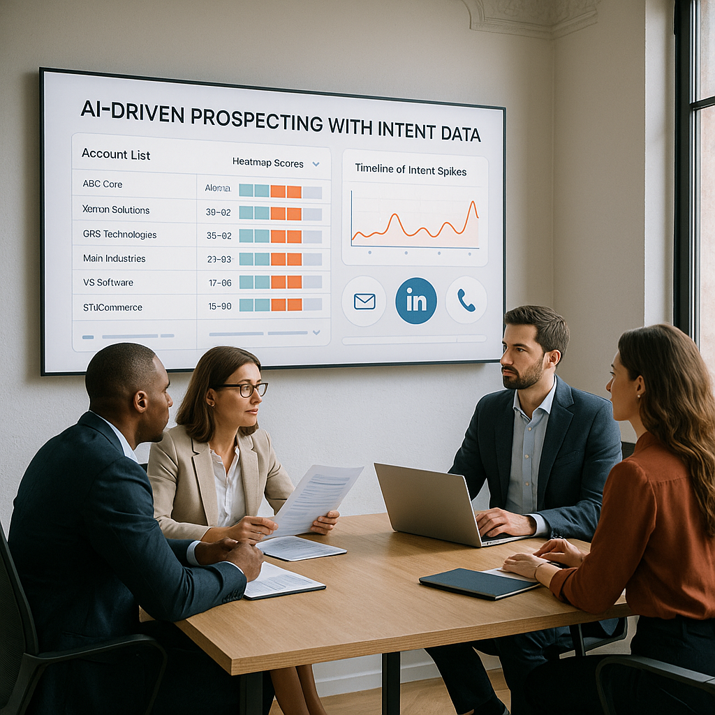 Equipo B2B en oficina moderna revisando en pantalla un panel de prospección con IA e intent data: cuentas con heatmap de intención, cronología de picos y canales (email, LinkedIn, llamadas). Estilo europeo, tonos azul y naranja.
