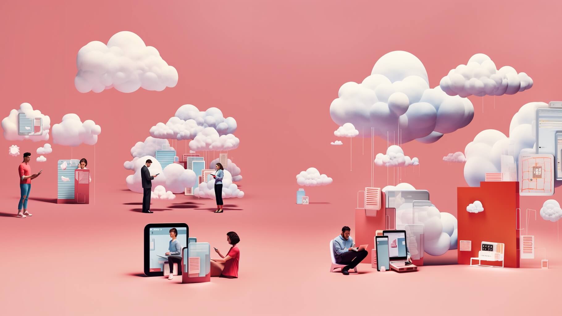 trabajadores con dispositivos conectados a la nube mostrando beneficios y riesgos